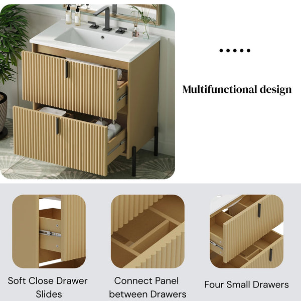 English Elm Christopher Knight Home® - 30" Bathroom Vanity With Elegant Ceramic Sink, Soft-Close Drawers & Fluted Design For Modern Spaces N817P288931N