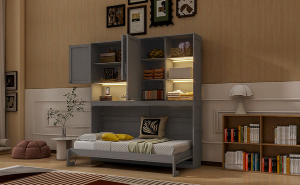 English Elm Twin Murphy Bed with Cabinet Shelves Built in Lighting Usb Ports Space Saving Wall Unit Gray LP000389AAE-1