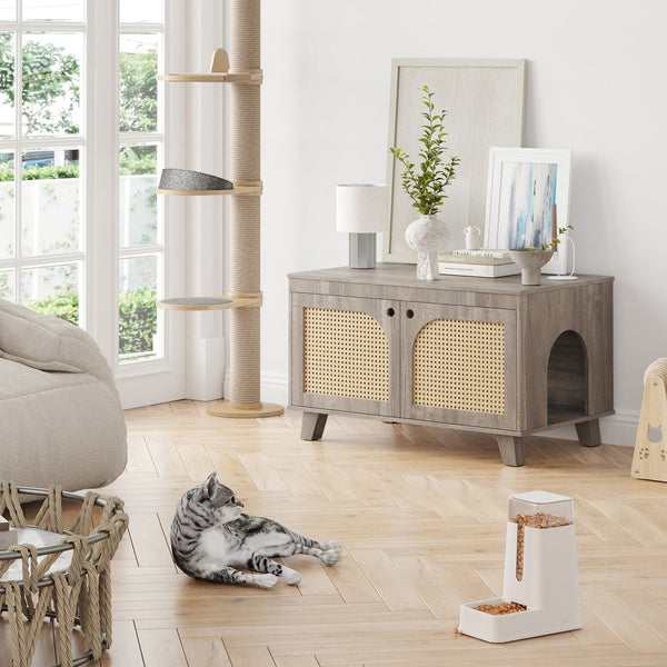 English Elm Flip Top Hidden Cat Litter Box Enclosure with Rattan Doors, Flip-Top Access, Odor Control, Stylish Table Ready Grey T3623P354970