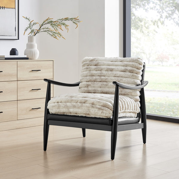 New Pacific Direct Edmond Mid-century Faux Fur & Leather Accent Arm Chair - Chic Comfort For Stylish Living Rooms Chrestville Sand,Black 100% Polyester 1250082-717-npd