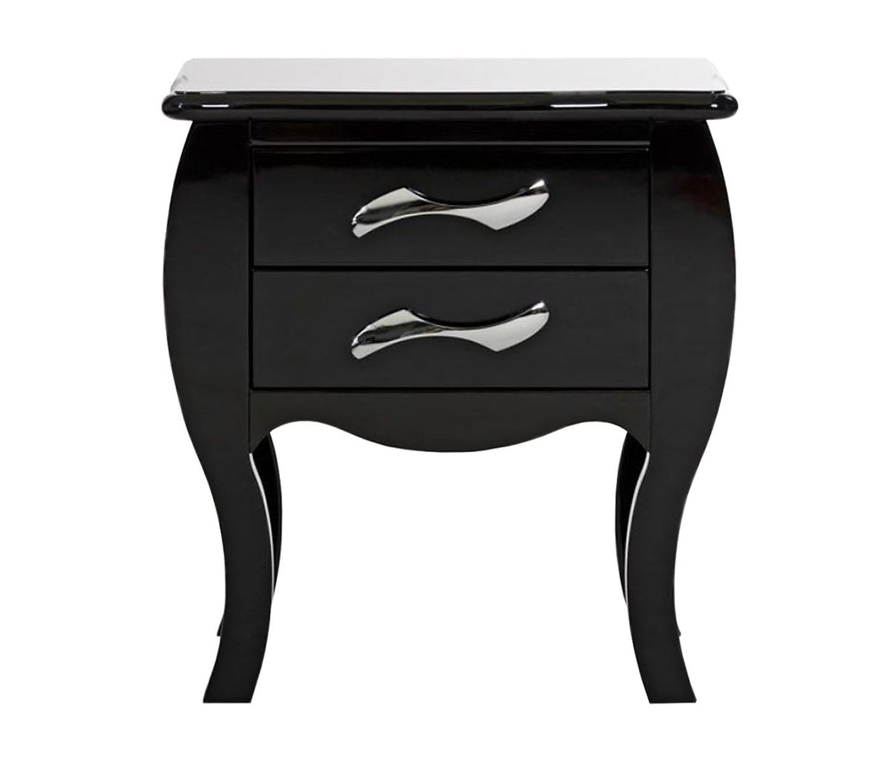 Monte Carlo Black Nightstand – Elegant Two-Drawer Design with Curvy Stainless Steel Pulls & Chic Finish