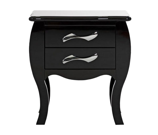 Monte Carlo Black Nightstand – Elegant Two-Drawer Design with Curvy Stainless Steel Pulls & Chic Finish