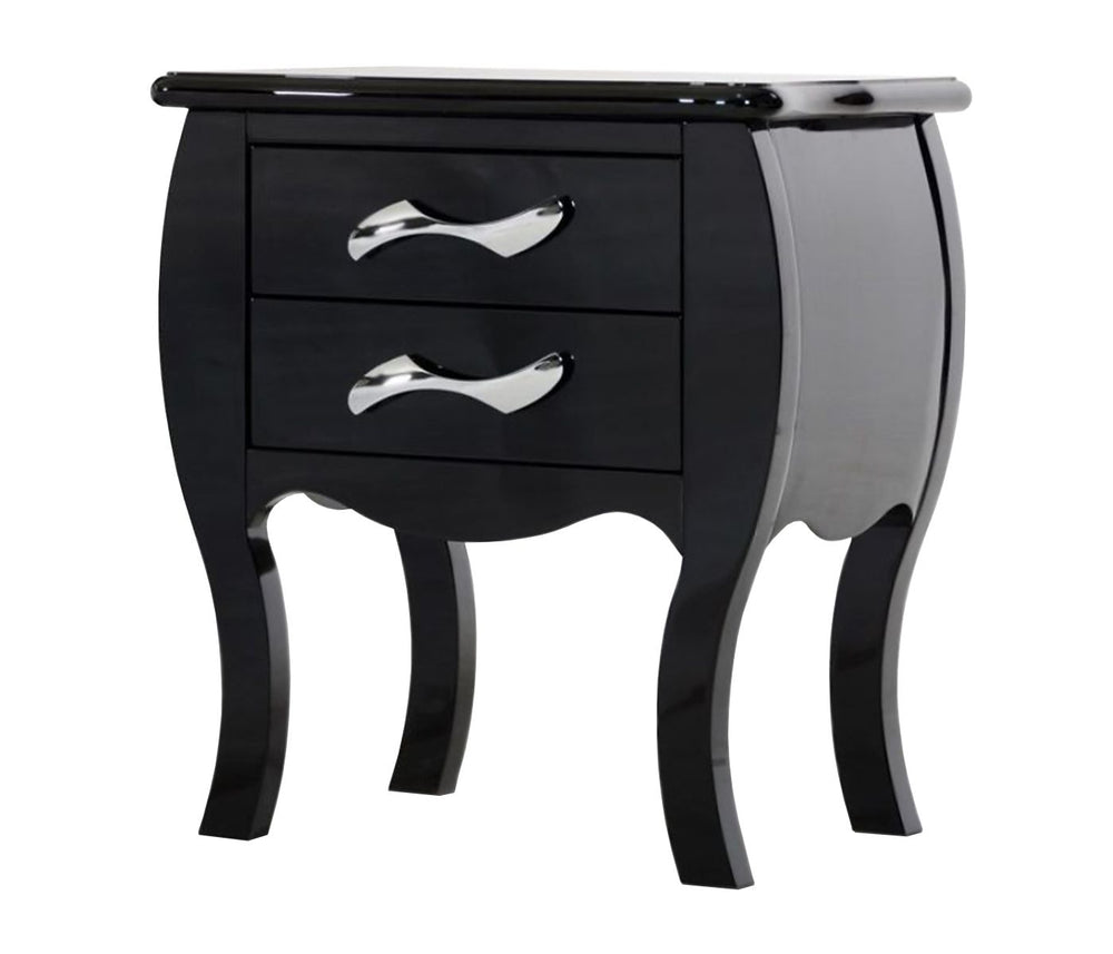 Monte Carlo Black Nightstand – Elegant Two-Drawer Design with Curvy Stainless Steel Pulls & Chic Finish