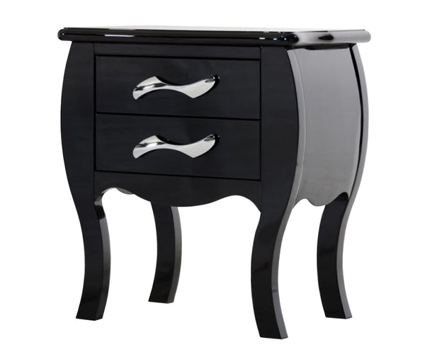 Monte Carlo Black Nightstand – Elegant Two-Drawer Design with Curvy Stainless Steel Pulls & Chic Finish