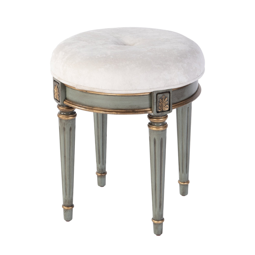 Butler Specialty Company Elegant Round Upholstered Vanity Stool With Handcrafted Hardwood Legs Green Rubberwood,Cherry Veneer,Urethane Foam,Cotton Fabric 1250482-butler