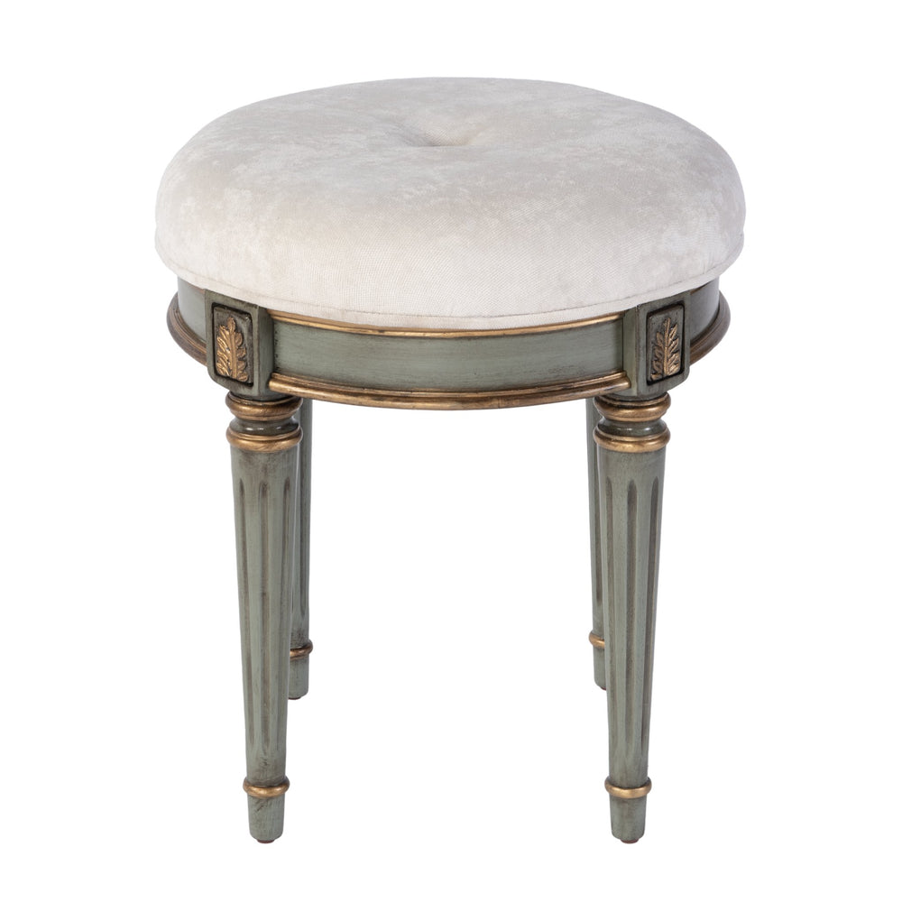 Butler Specialty Company Elegant Round Upholstered Vanity Stool With Handcrafted Hardwood Legs Green Rubberwood,Cherry Veneer,Urethane Foam,Cotton Fabric 1250482-butler