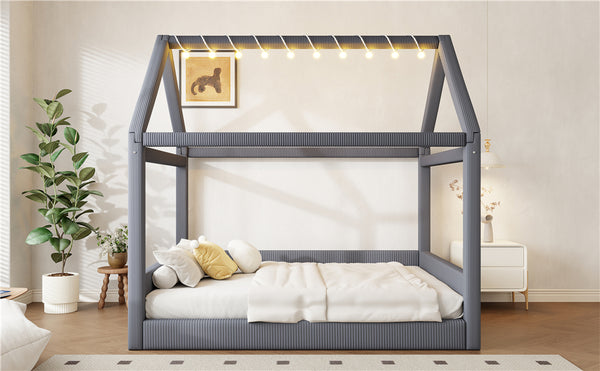 English Elm Full Size Upholstered House Daybed With Led Light Strips, Cozy Grey Corduroy For Stylish Spaces N7500001335E