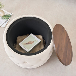 English Elm Ball Cast Round Nesting Ottoman Set Linen Upholstered Hidden Storage with Wooden Tray Beige W3163P379358