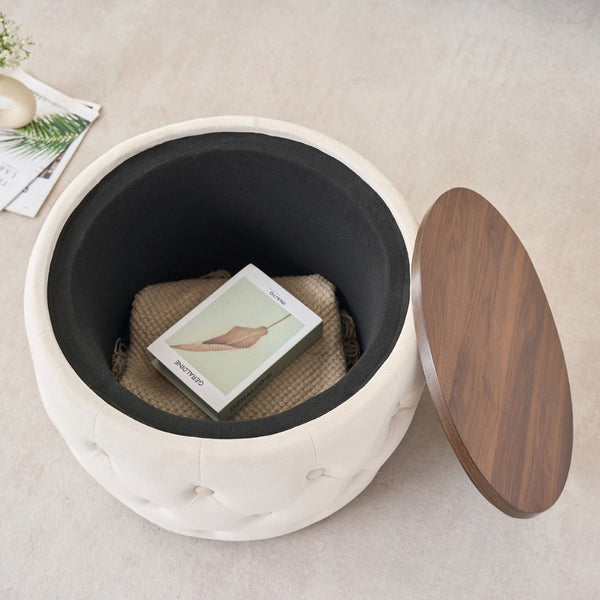 English Elm Ball Cast Round Nesting Ottoman Set Linen Upholstered Hidden Storage with Wooden Tray Beige W3163P379358