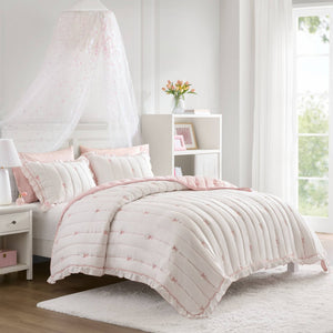 English Elm 3-piece Reversible Microfiber Quilt Set Bow Embroidery Ruffled Trim Romantic Bedroom Pink+White B035P482881