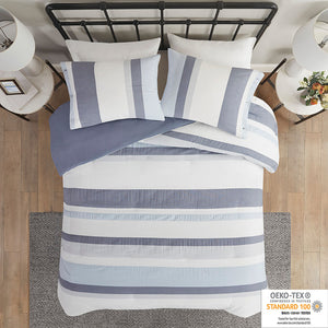 English Elm King/Cal King Allegany 3 Piece Jacquard Duvet Cover Set – Striped Blue Gray Cream, Antimicrobial, Machine Washable, Button Closure B03597366