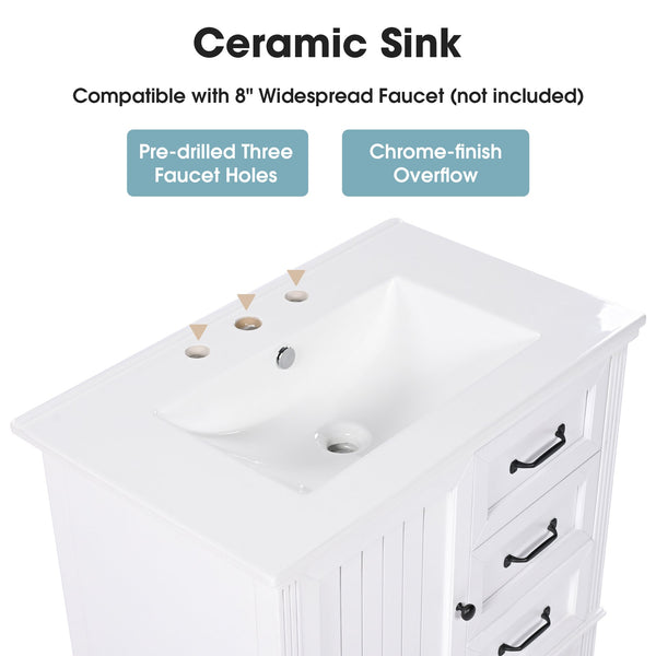 English Elm Christopher Knight Home® - 30" Bathroom Vanity with Ceramic Sink, Acacia & MDF Cabinet, Soft-Close Door & Drawers White N759P346895K