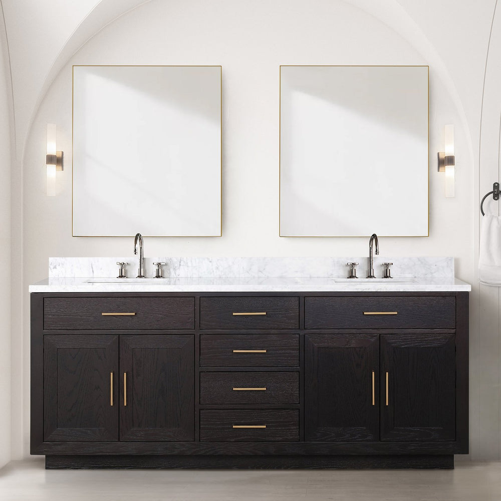 English Elm Black Oak Double Bath Vanity Ensemble With Carrara Marble Top, Faucets, And Stylish Mirrors Included B2731S02178