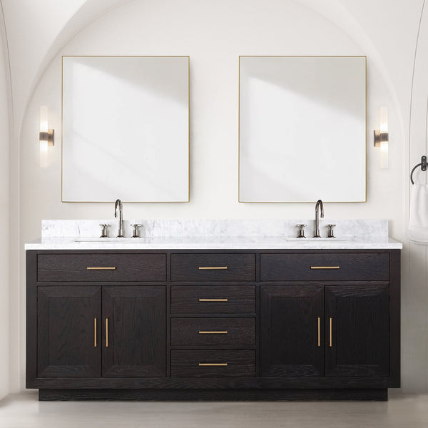 English Elm Black Oak Double Bath Vanity Ensemble With Carrara Marble Top, Faucets, And Stylish Mirrors Included B2731S02178