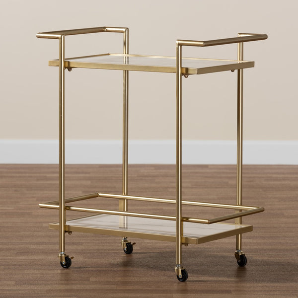 Baxton Studio Baxton Studio Luxe Gold Metal & White Marble 2-Tier Wine Cart - Glamorous, Mobile Entertaining Piece H01-98877-Gold/White Marble-Cart