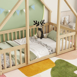 English Elm Twin Wood House-Shaped Floor Bed with Fence and Guardrails – Playful Pine Frame for Imaginative Kids Retreat Natural W504P143291