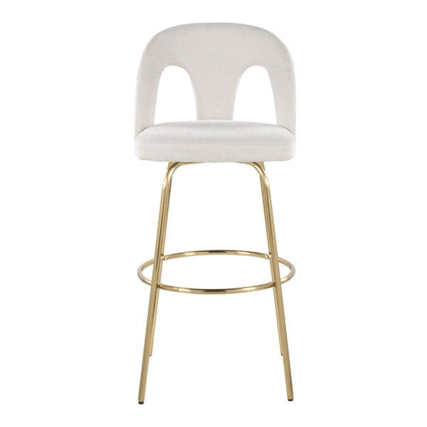 English Elm Fixed-height Swivel Barstools with Gold Footrest Black Frame White Upholstery Set B202S01871