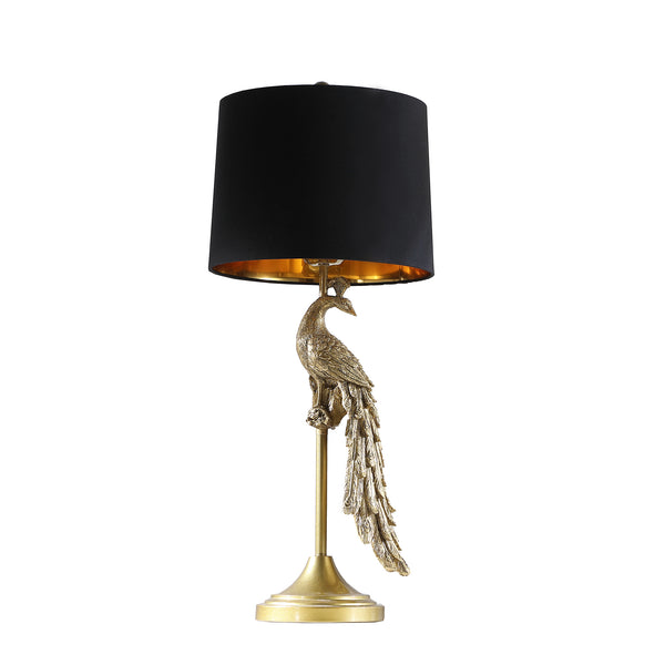 English Elm 29" Golden Peacock Table Lamp on Pedestal - Polyresin Art Sculpture, Black Gold-Lined Shade, 29" B072P222439