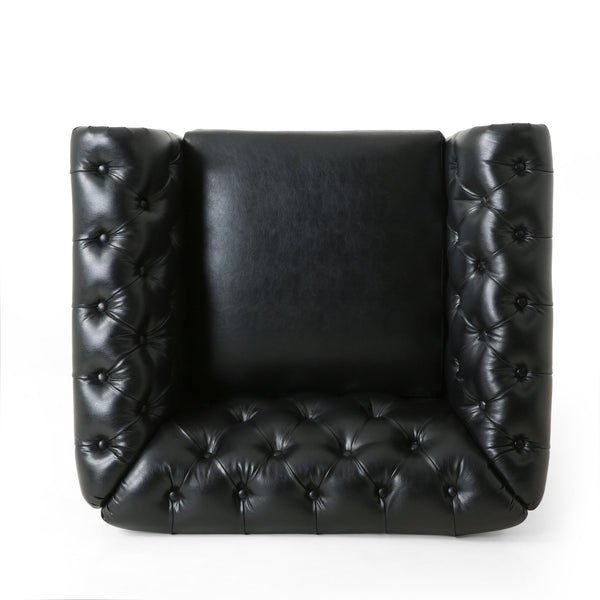 English Elm Christopher Knight Home® - CLUB Club Chair Chesterfield-Inspired Tufted PU Upholstery with Nailhead Trim, Scrolled Arms, Turned Legs Black 39.25 L x 34.25 W x 25 H 72069.00MDNT