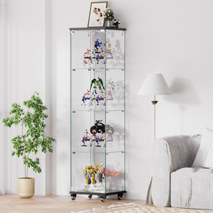 English Elm 4 Tier Glass Display Cabinet - Lockable Floor Standing Storage With Acrylic Shelves & Wheels For Versatility W1668P241902