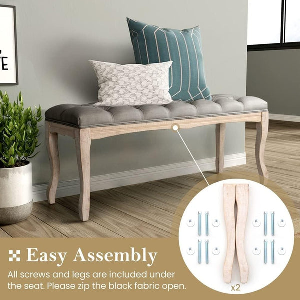 English Elm Bedroom Bench Tufted Linen Seat with Carved Distressed Wood Legs French Country Style Grey W3244P493669