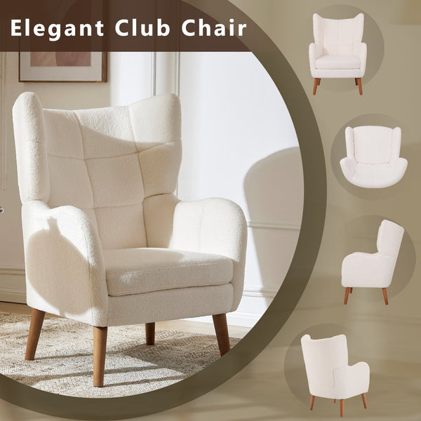 English Elm Christopher Knight Home® - Accent Ivory Teddy Fabric High-Back Armchair with 5.5" Cushion, Curved Arms & Birch Legs, Cozy Support N817P335062W