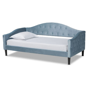 Baxton Studio Baxton Studio Elegant Light Blue Velvet Daybed with Button-Tufted Design and Dark Wood Frame Twin Benjamin-Light Blue Velvet-Daybed-Twin