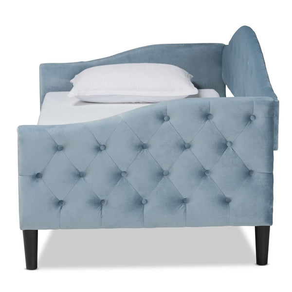 Baxton Studio Baxton Studio Elegant Light Blue Velvet Daybed with Button-Tufted Design and Dark Wood Frame Twin Benjamin-Light Blue Velvet-Daybed-Twin