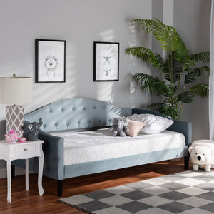 Baxton Studio Baxton Studio Elegant Light Blue Velvet Daybed with Button-Tufted Design and Dark Wood Frame Twin Benjamin-Light Blue Velvet-Daybed-Twin