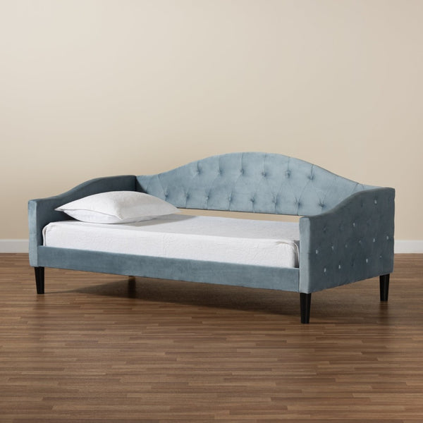 Baxton Studio Baxton Studio Elegant Light Blue Velvet Daybed with Button-Tufted Design and Dark Wood Frame Twin Benjamin-Light Blue Velvet-Daybed-Twin