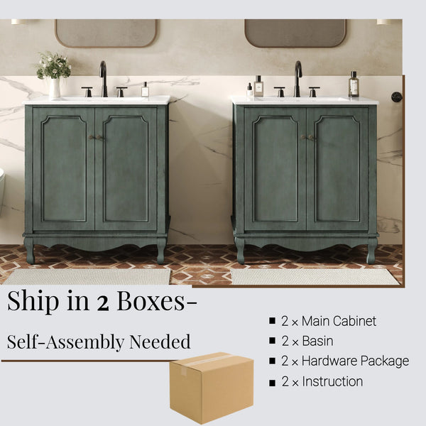 English Elm Christopher Knight Home® - 60" Retro Double Sink Bathroom Vanity Set with Soft-Close Doors, Adjustable Shelves, Rubberwood Legs Antique blue green,Teal N817P245317B