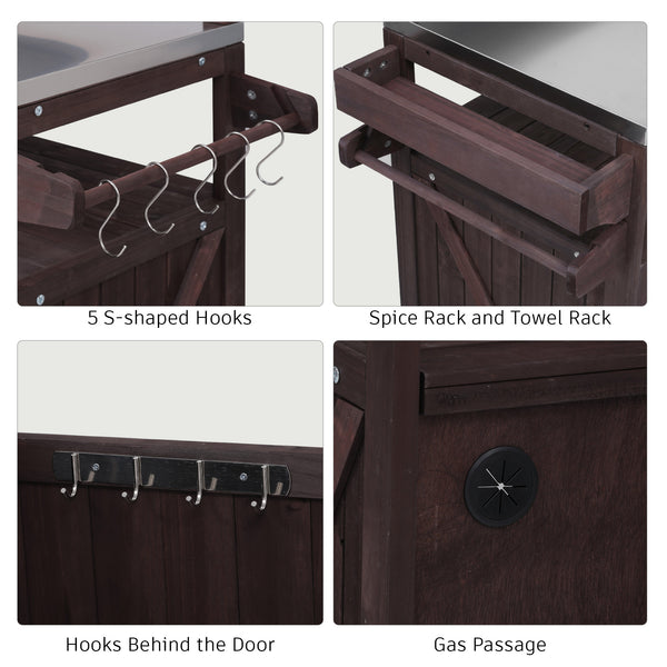 English Elm K&K 53.3" Outdoor Kitchen Island with 1.2" Stainless Top, Spacious Storage, Raised Shelf, Wheels Brown N707P250628Z