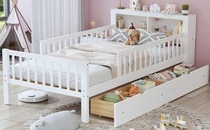 English Elm Twin Size Bed With Headboard Storage, Two Drawers, Safety Guardrails, And Stylish White Finish N733P272374K-GIGA