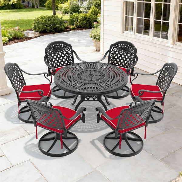 English Elm 7-piece Cast Aluminum Outdoor Dining Set with Swivel Chairs and Round Patio Table W1710S00308