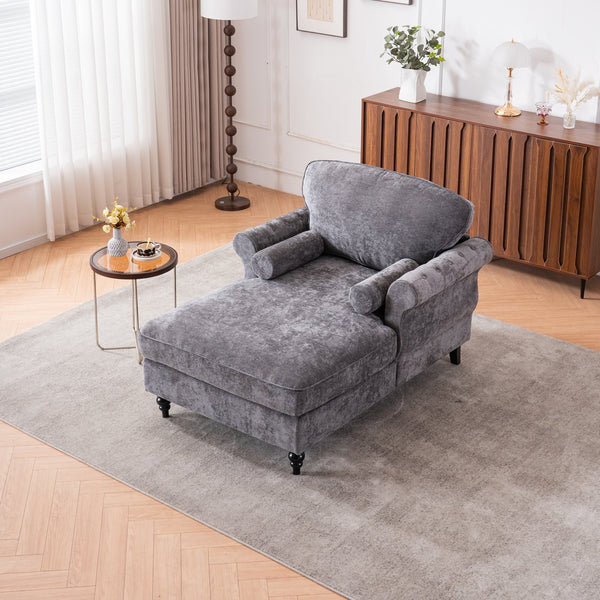 English Elm [New] Oversized Chaise Lounge Indoor Chenille Sleeper Recliner Armchair with Wide Foam Seat & Pillows DARK GREY W2363S00085