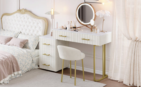 English Elm Velvet Upholstered Vanity Desk Set with Marble-Look Top, Padded Chair, 5 Spacious Drawers & Gold Accents Beige 17.5 L x 16.3 W x 16.1 H N733S272606A