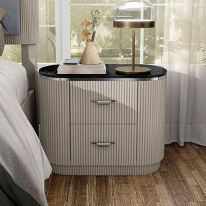 English Elm Contemporary Stone Top Nightstand Reeded Drawers Chrome Pulls Gray Bedroom Storage B2741P435313