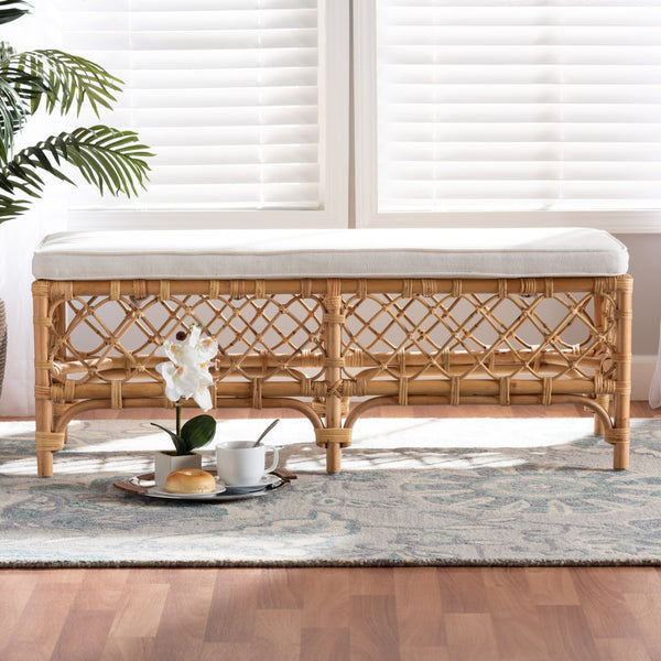 Baxton Studio bali Orchard Modern Bohemian Rattan Bench with Soft Upholstered Cushion for Chic Home Décor Orchard-Rattan-Bench