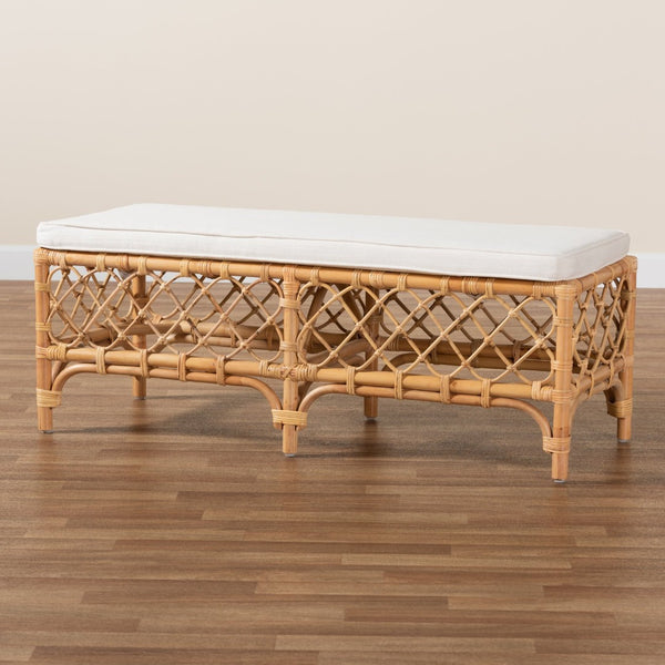 Baxton Studio bali Orchard Modern Bohemian Rattan Bench with Soft Upholstered Cushion for Chic Home Décor Orchard-Rattan-Bench