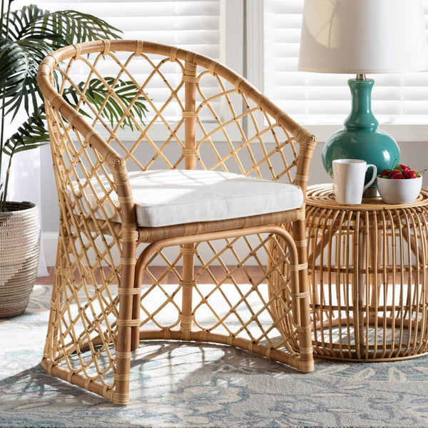 Baxton Studio bali Orchard Modern Bohemian Dining Chair - Plush Fabric Upholstered with Natural Rattan Frame Orchard-Rattan-DC