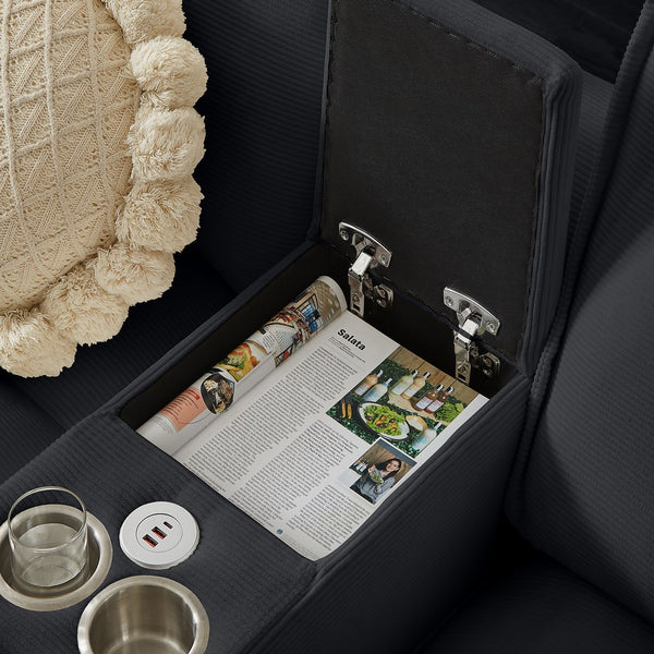 English Elm 120" Modular Corduroy Sectional Sofa Bed with Storage, U-Shaped 4-Seater, Cup Holders & Console Black W1359S00013