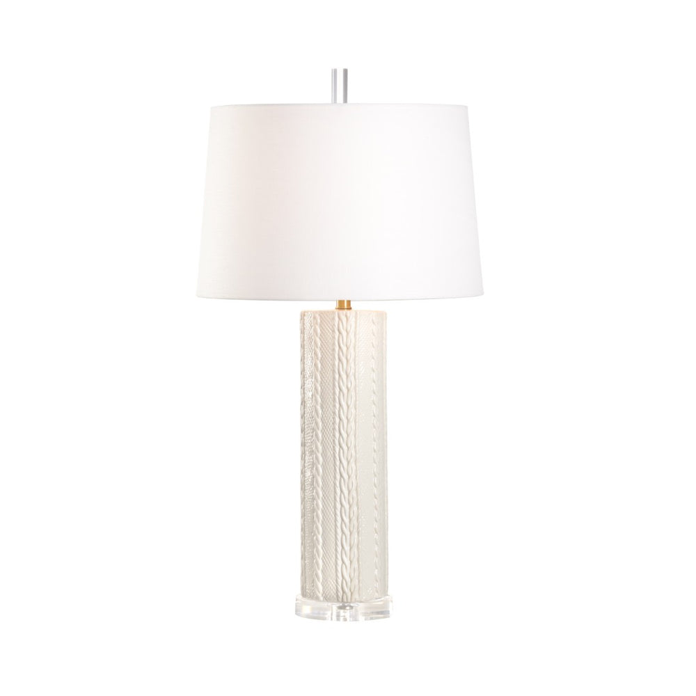 Wildwood Knit Ceramic Table Lamp With Cable-Knit Relief, Blanc De Blanc Glaze, Acrylic Base & Linen Shade 12590