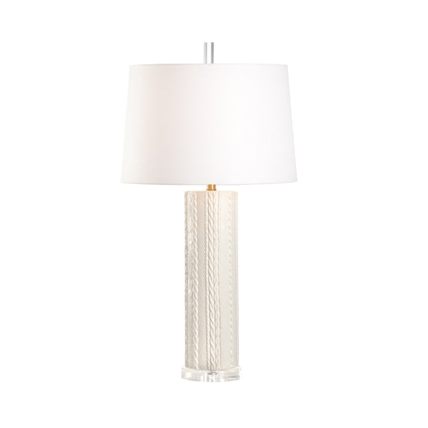 Wildwood Knit Ceramic Table Lamp With Cable-Knit Relief, Blanc De Blanc Glaze, Acrylic Base & Linen Shade 12590