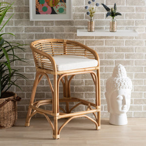 Baxton Studio bali Maverick Modern Bohemian Rattan Counter Stool with Upholstered Seat for Chic Home Decor Maverick-Rattan-CS