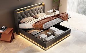 English Elm Queen Upholstered Bed with Surround LED, App/Remote Control, Hydraulic Storage, USB Type-C Charging Black N736P188807B
