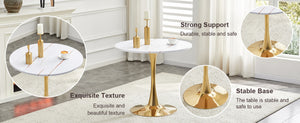 English Elm Round Faux Marble Tulip Pedestal Dining Table Mid Century Modern for Small Bistro Spaces Gold+White W2920P400992