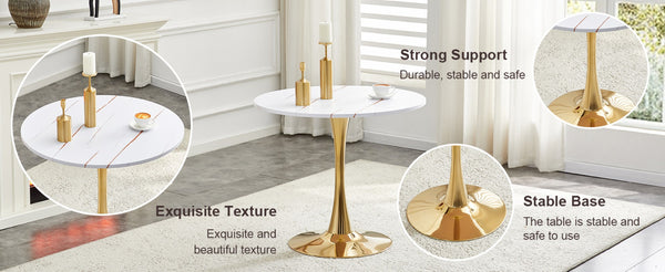 English Elm Round Faux Marble Tulip Pedestal Dining Table Mid Century Modern for Small Bistro Spaces Gold+White W2920P400992