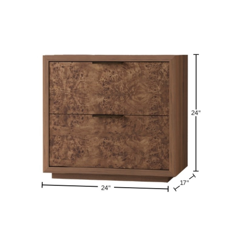 Origins Milan Mahogany Nightstand with Burl Drawer Faces, Soft-Close Drawers & Modern Integrated Pulls Walnut 125BRN-02