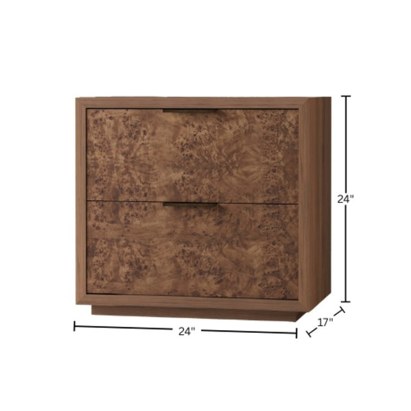 Origins Milan Mahogany Nightstand with Burl Drawer Faces, Soft-Close Drawers & Modern Integrated Pulls Walnut 125BRN-02
