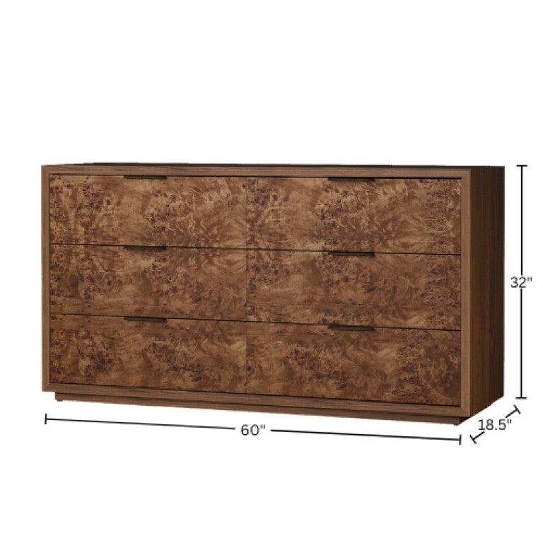 Origins Milan Dresser with Solid Mahogany Frame, Mappa Burl Drawer Fronts, Six Soft-Close Drawers, Fully Assembled Walnut 125BRN-03